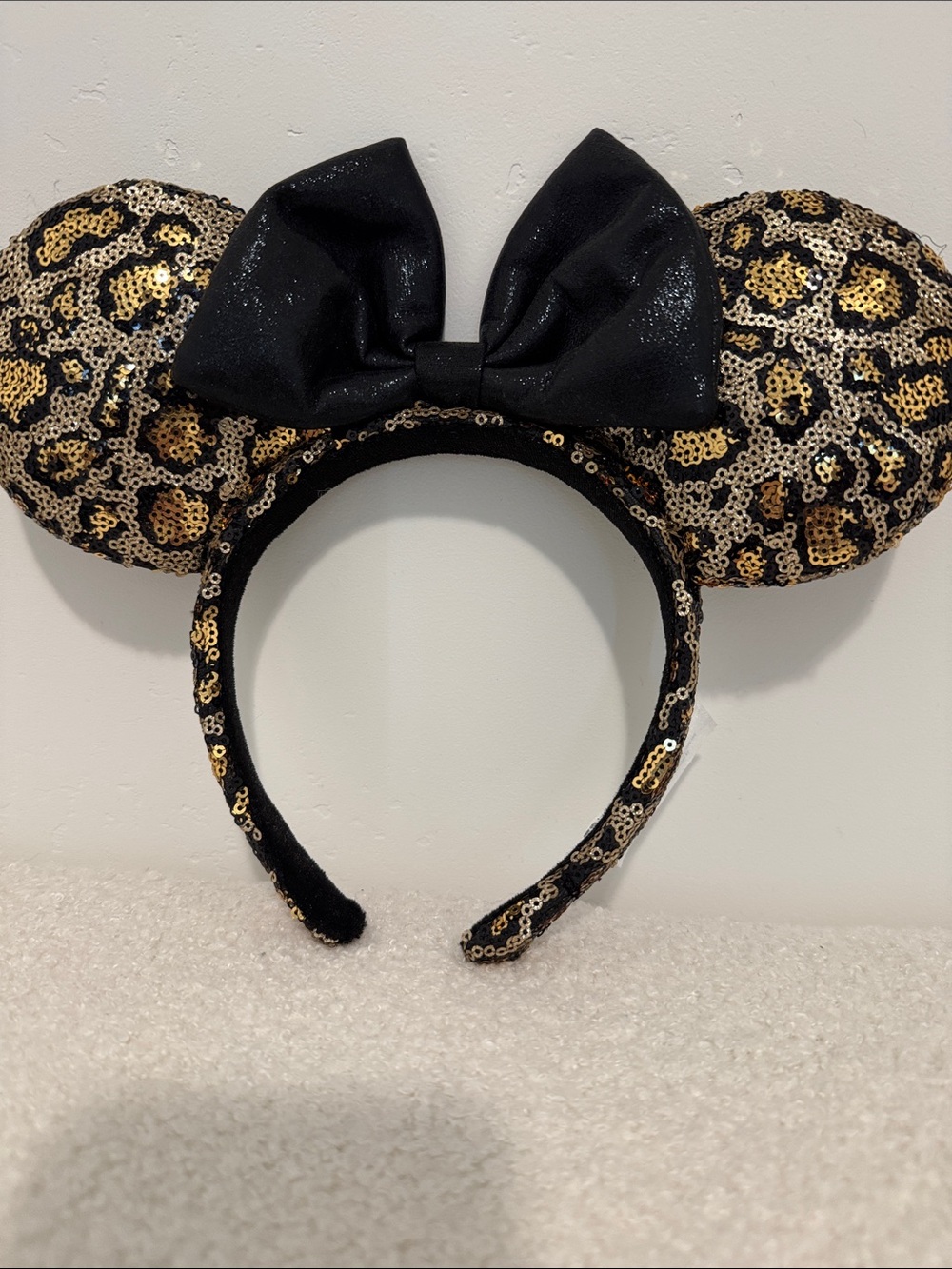 Disney Sequin Leopard Print Minnie Mouse Ear Headband with Black Bow